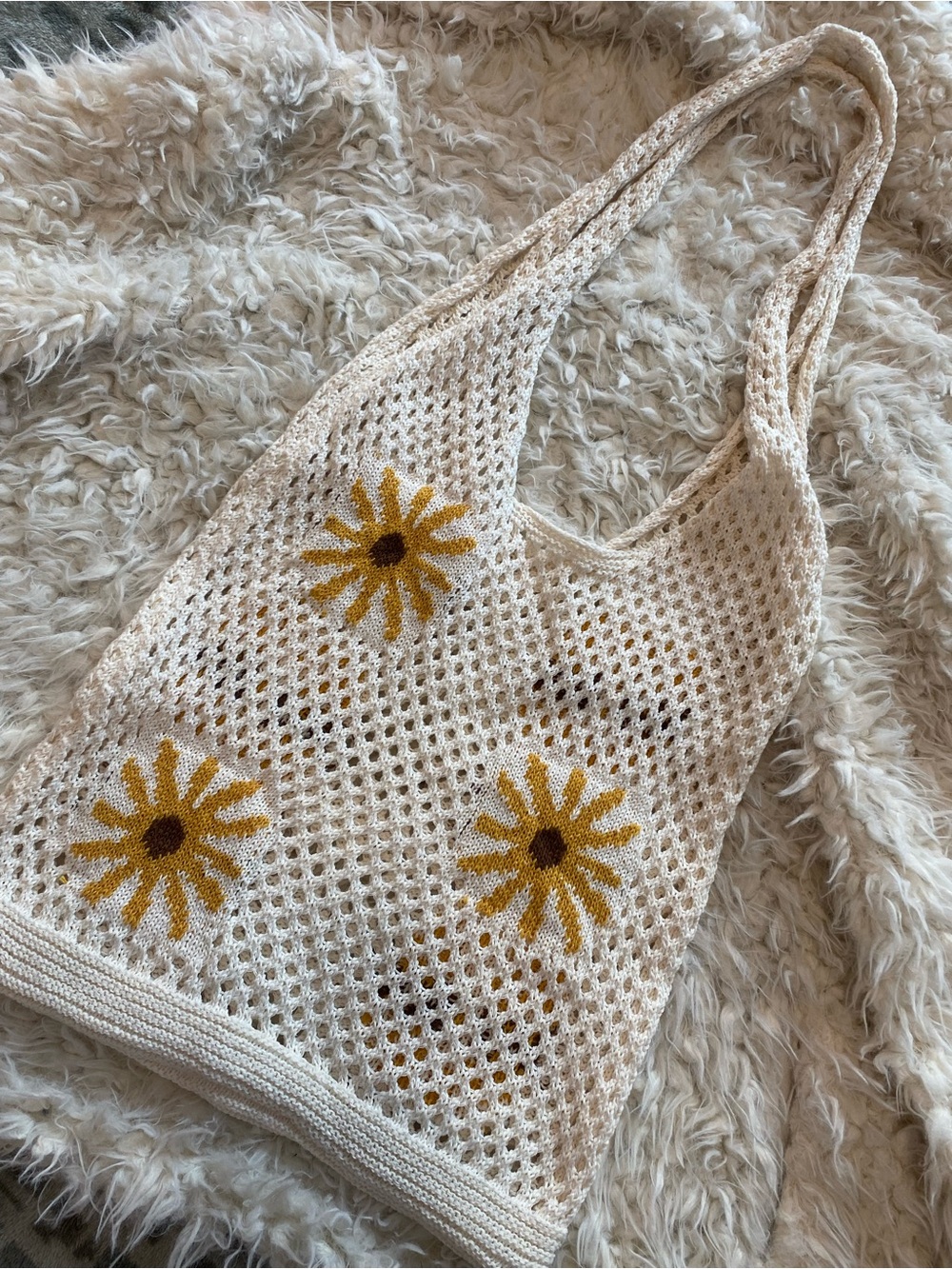 Crochet Daisy Net Tote Bag in Cream with Yellow Accents